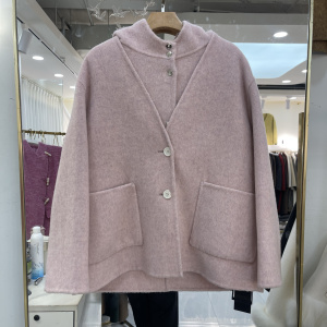两件套连帽羊毛呢外套2024秋冬新款韩版修身短款双面羊绒大衣女