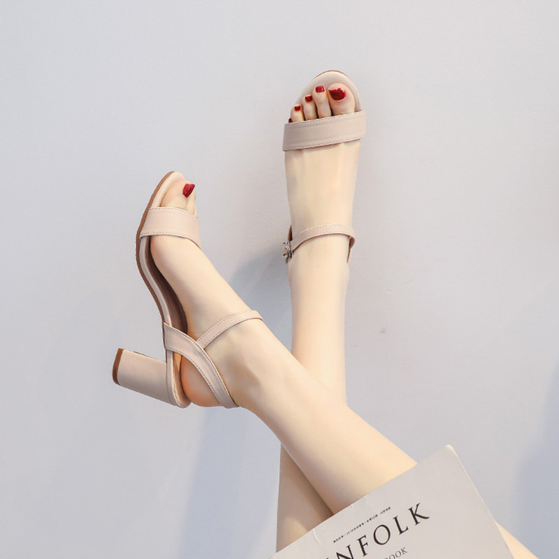 路佳林真皮女鞋高跟凉鞋女一字带夏季新款中跟粗跟仙女风百搭裙子