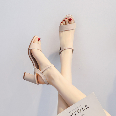 高跟凉鞋一字带夏季中跟粗跟百搭