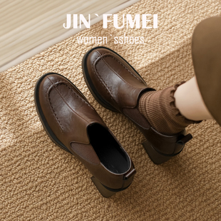 羊皮版~复古英伦高跟小皮鞋女粗跟一脚蹬乐福鞋方头学院风jk女鞋