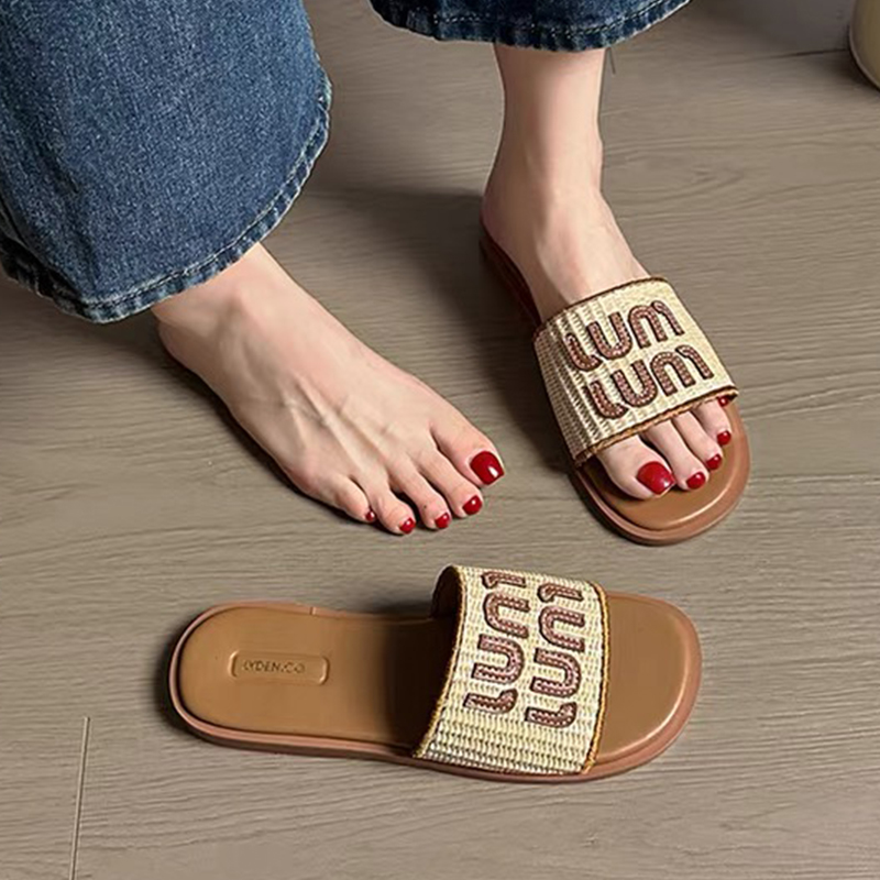 羊皮版百搭一字拖鞋女沙滩度假风