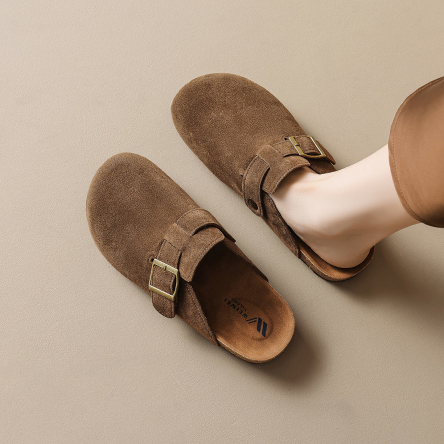 牛皮~包头勃肯鞋女半拖外穿春新款厚底一脚蹬平底增高大码复古风