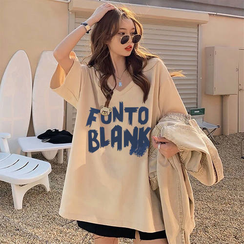 胖mm大码宽松遮肚子短袖t恤女上衣夏季韩版洋气V领半袖体恤200斤