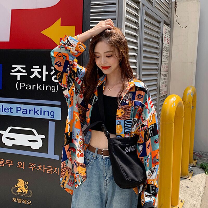薄款春夏装2022新款防晒衣复古花衬衣外套女ins潮衬衫港风上衣服