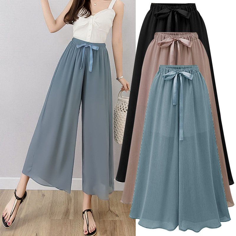 阔腿裤女夏季薄款雪纺九分大码高腰宽松女裤胖mm垂感雪纺裙裤