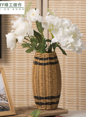 塑料仿藤花瓶纯手工编织摆件桌面装饰收纳瓶创意插花花瓶家居饰品