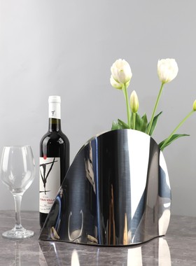 现代简约不锈钢镜面酒桶花瓶艺术桌面摆件客厅餐厅吧台家居装饰品