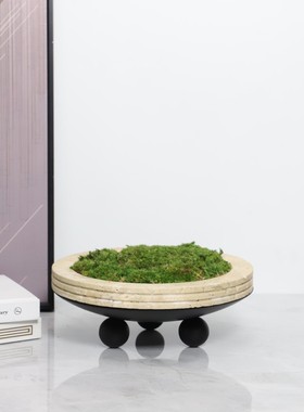 欧式轻奢几何金属洞石圆形永生苔藓盆景桌面盆栽摆件软装家居饰品