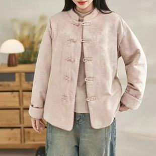 复古文艺老麻布提花绗棉棉衣2025年冬款时尚中国风盘扣女立领上衣