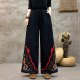 长裤 新中式 脚绣花棉麻提花宽松显瘦休闲裤 民族风裤 国风春秋阔腿裤