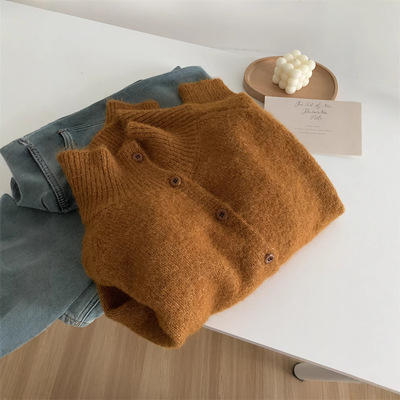 焦糖南瓜色慵懒软糯羊毛针织外套女气质高领排扣针织开衫秋冬上衣
