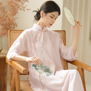 卿淑斋2023春款女士旗袍新中式国风复古手绘雪纺连衣裙唐装中长裙
