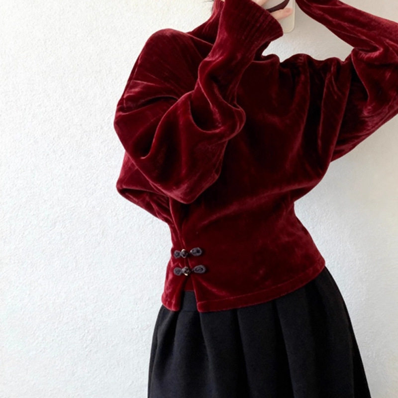 新中式国风圣诞新年酒红色盘扣开衩高领丝绒上衣女25冬季打底小衫