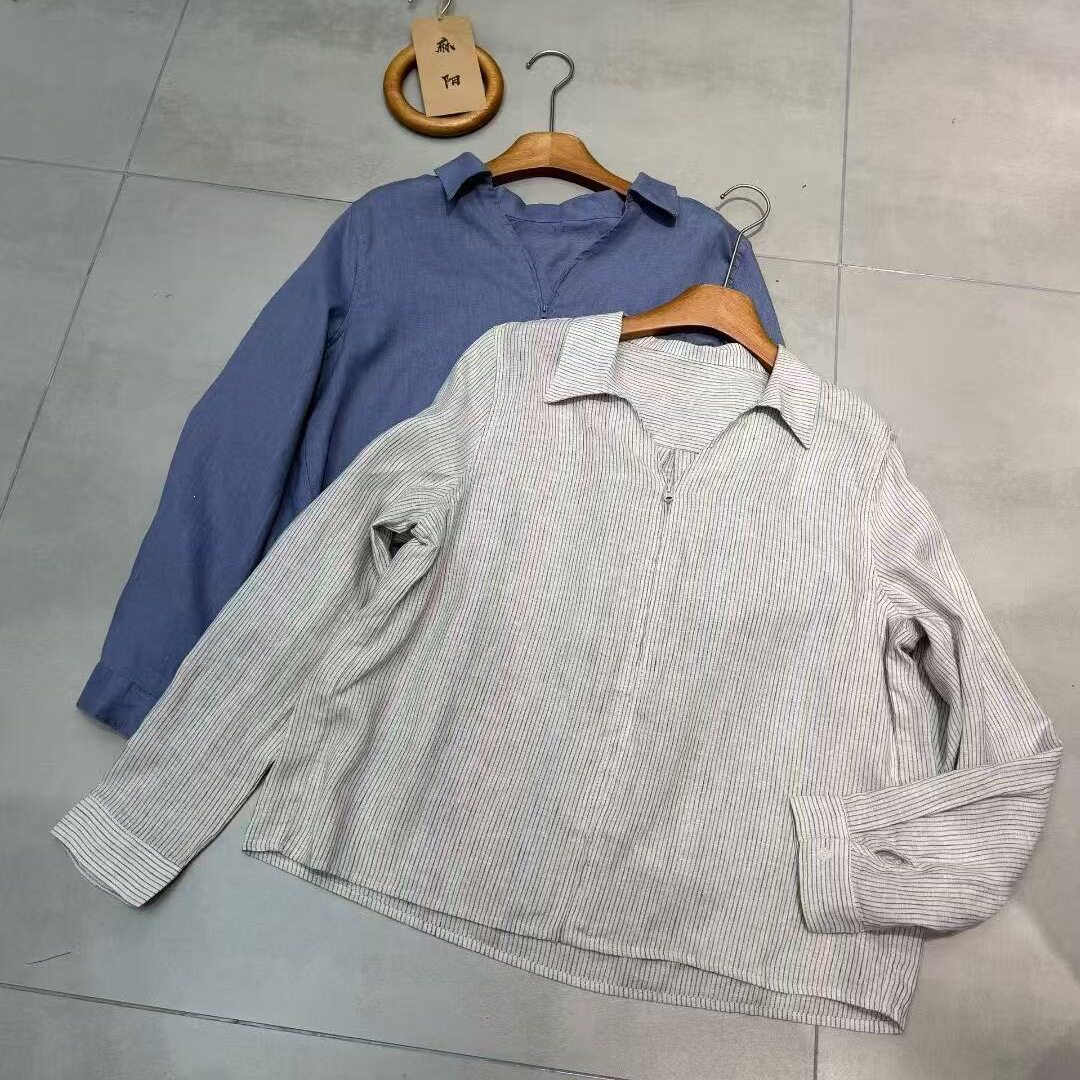 V领拉链设计汉麻衬衫夏韩版时尚女装简约宽松百搭长袖衬衣女2571