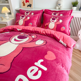 卡通草莓熊保暖加厚牛奶绒四件套珊瑚双面冬季儿童床单被套三件套