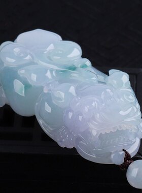 天然缅甸翡翠A货冰种飘蓝花貔貅男女款玉石吊坠淡紫色翡翠貔貅