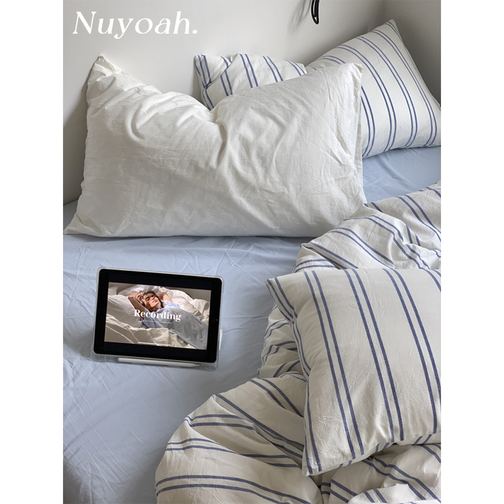 Nuyoah studio 日式简约蓝色条纹中性纯棉水洗棉四件套床单床笠