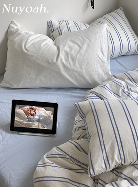 Nuyoah studio 日式简约蓝色条纹中性纯棉水洗棉四件套床单床笠