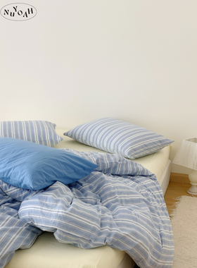 Nuyoah studio  夏日信笺 蓝色条纹全棉水洗100棉四件套床品床单