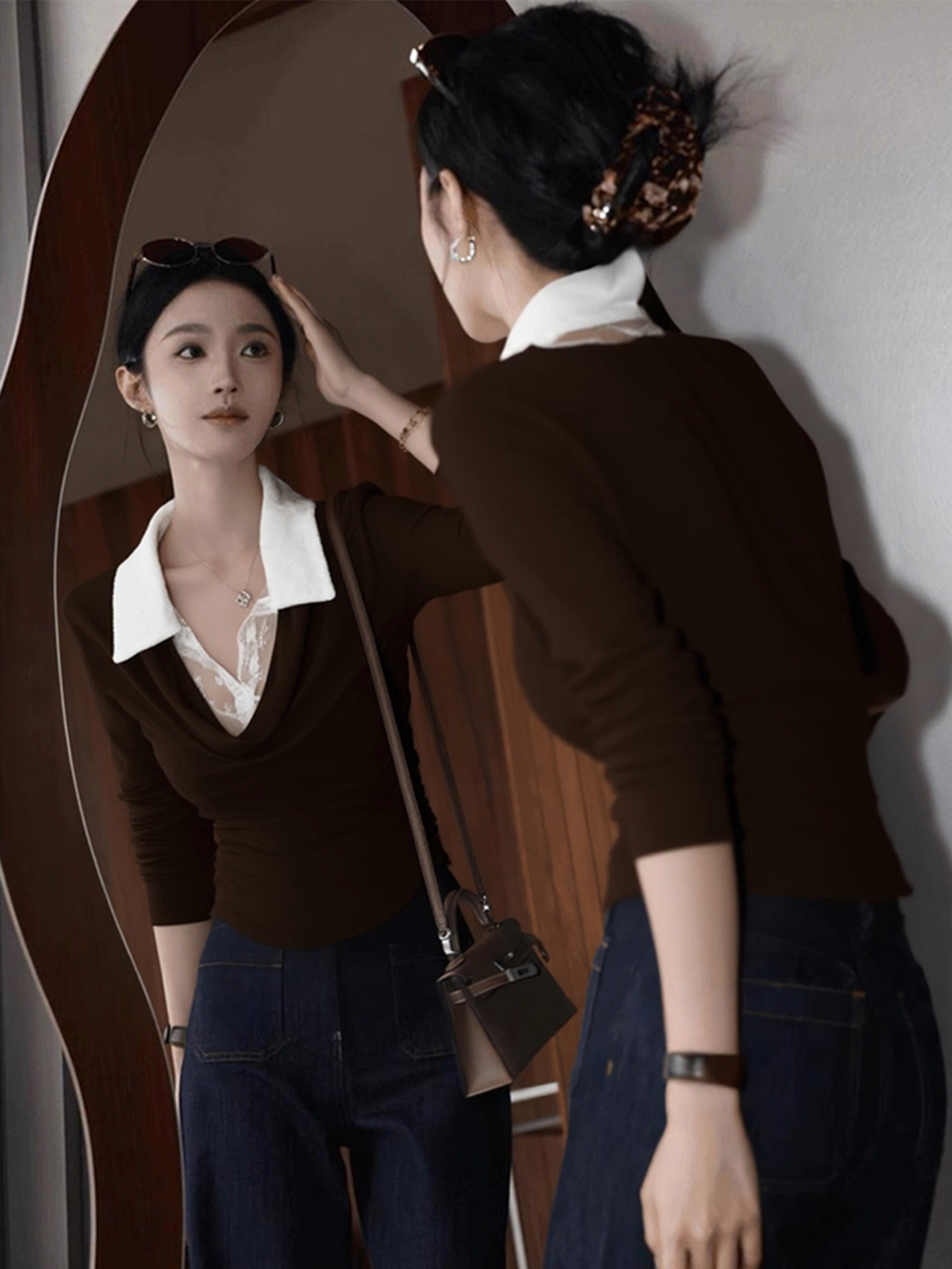 复古纯色辣妹蕾丝拼接翻领长袖T恤女秋季内搭打底衫修身正肩上衣