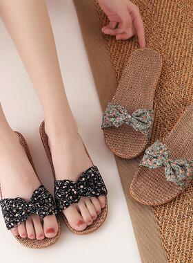 日本夏天女士蝴蝶结亚麻凉拖鞋室内外防滑静音时尚居家公主风家用