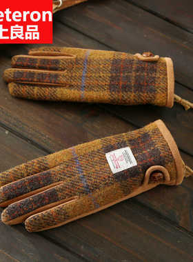 情侣harristweed哈里斯冬季加绒保暖挂绳羊毛触屏粗花呢男女手套