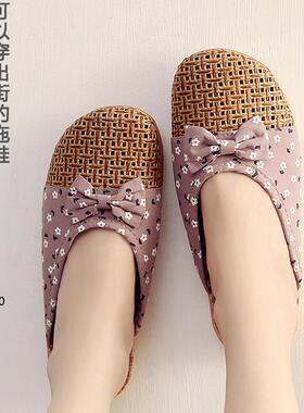 日本居家包头藤草拖鞋夏天女室内外家用防滑情侣亚麻地板竹凉拖男