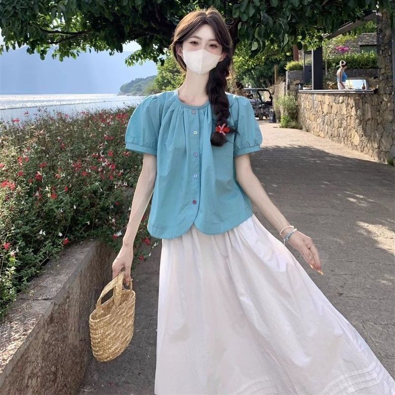 短袖上衣女夏2025新款多巴胺穿搭套装法式独特漂亮娃娃衫衬衫