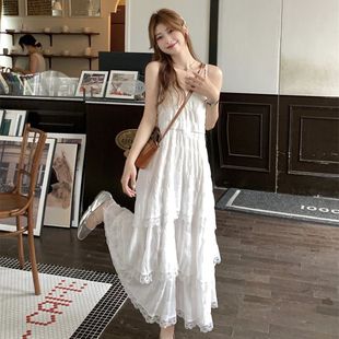 无袖 温柔风吊带连衣裙女蕾丝花边拼接新款 中长裙潮 法式 小个子夏季