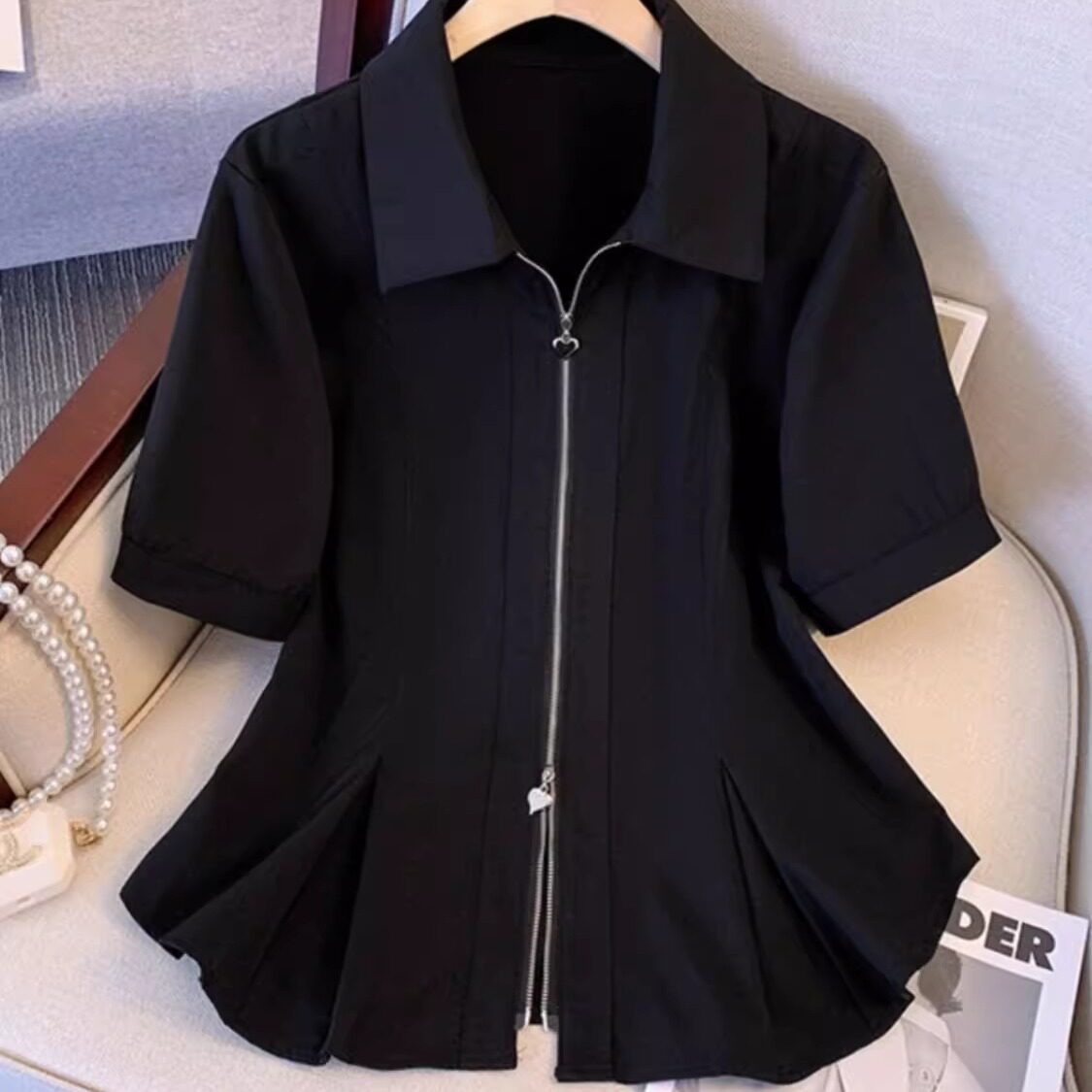 大码polo领双拉链白色短袖衬衫2025新款夏季胖mm显瘦遮肚子上衣女