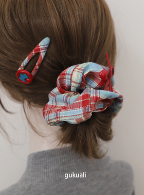 GUKUALI韩系新款高级感红色格子发夹甜美小众侧边夹BB夹碎发发卡