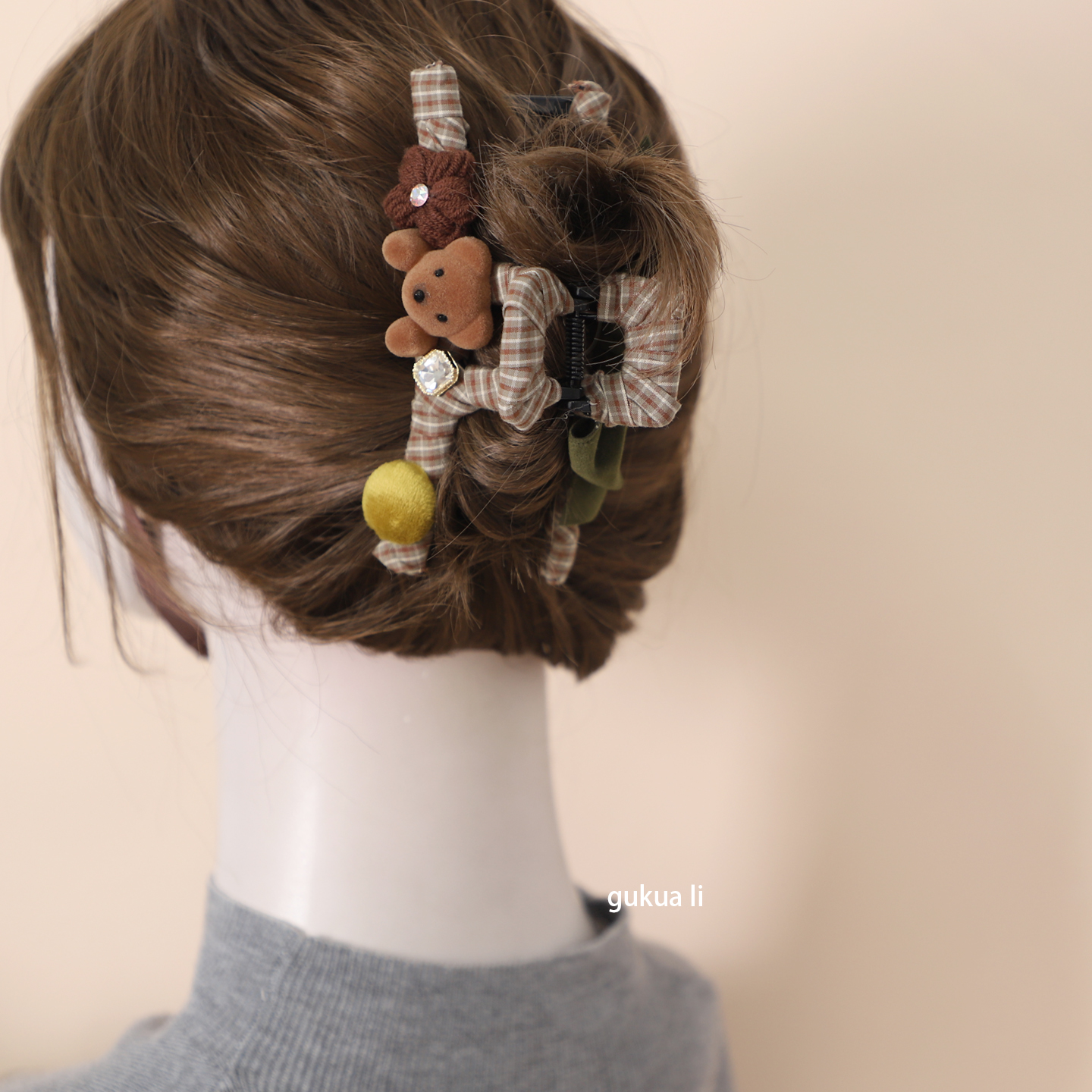 格纹布艺发夹女后脑勺盘发夹子