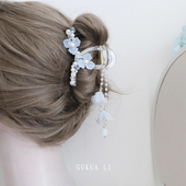 新款 GUKUALI 2025夏季 蓝色小花流苏抓夹超仙格林系少女后脑勺发夹