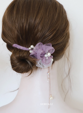 GUKUALI原创紫色花朵流苏弹簧夹后脑勺发夹珍珠女气质网纱半扎新