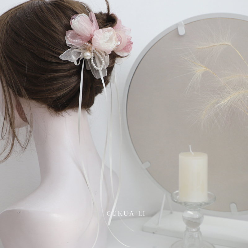 GUKUALI 2025春季新款粉花飘带抓夹超仙少女后脑勺发夹子发饰头饰