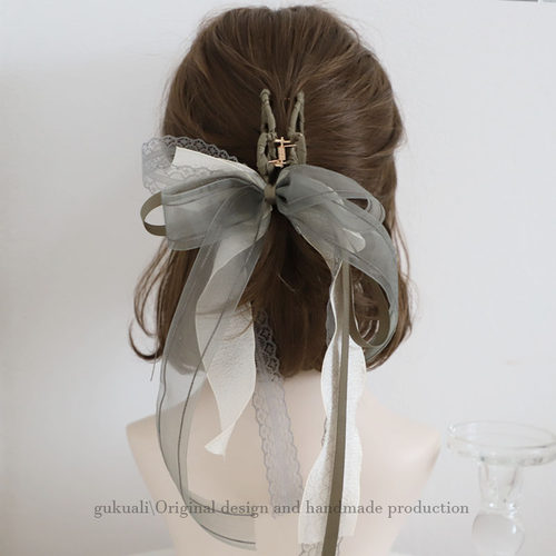 gukuali飘带蝴蝶结抓夹纱蕾丝