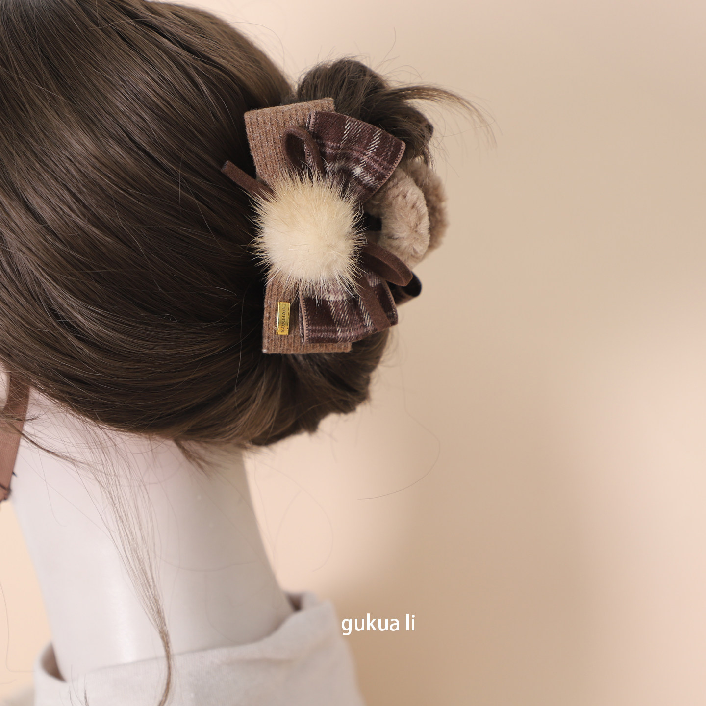 格子蝴蝶结水貂毛抓夹