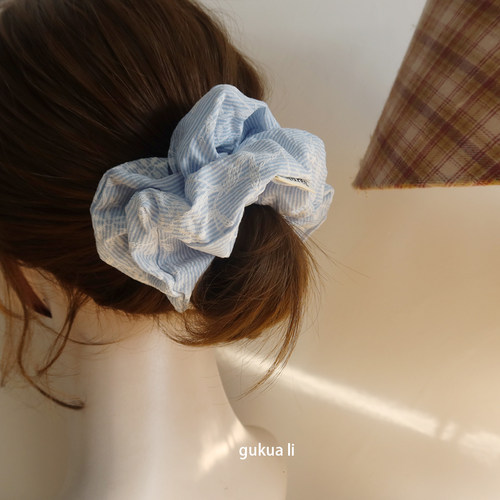 GUKUALI清新蓝色条纹刺绣碎花蕾丝花边发圈女韩系甜美少女发绳新