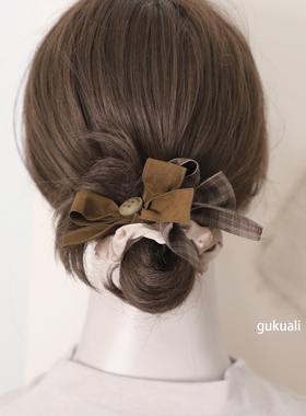 GUKUALI韩系气质蝴蝶结发圈高级感缎面大肠发绳头绳棕色头饰发夹