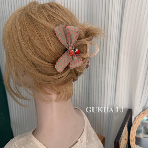 GUKUALI甜美樱桃格子蝴蝶结夹