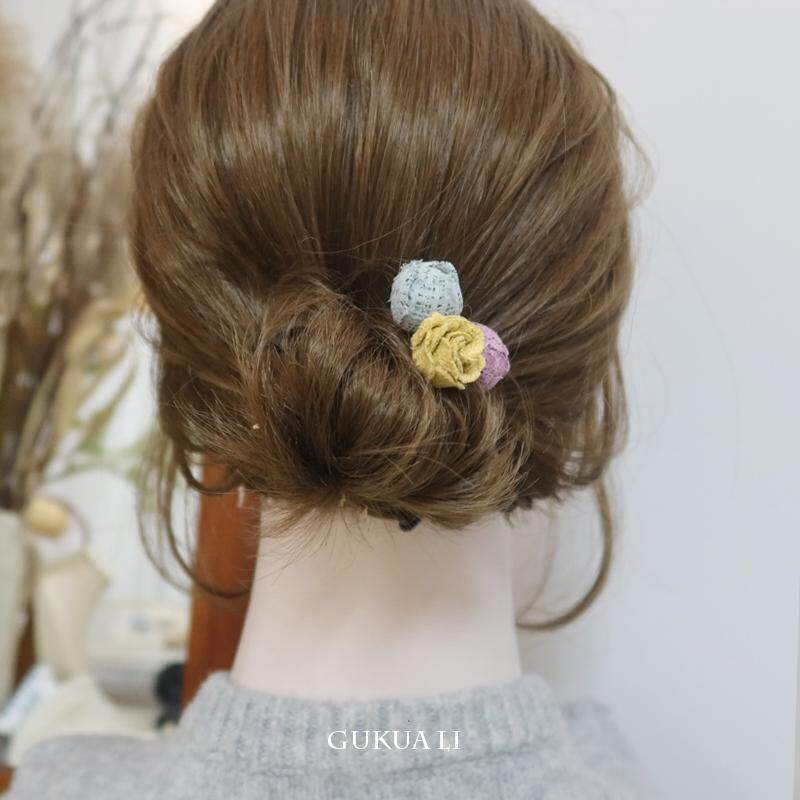 GUKUALI针织编花朵纯色扎马尾发绳百搭女ins三朵撞色花朵发钗一套