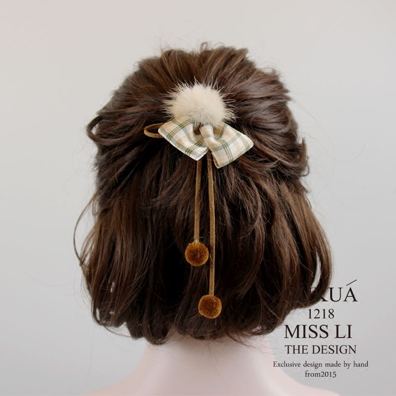 饰品毛球格子飘带超仙发绳