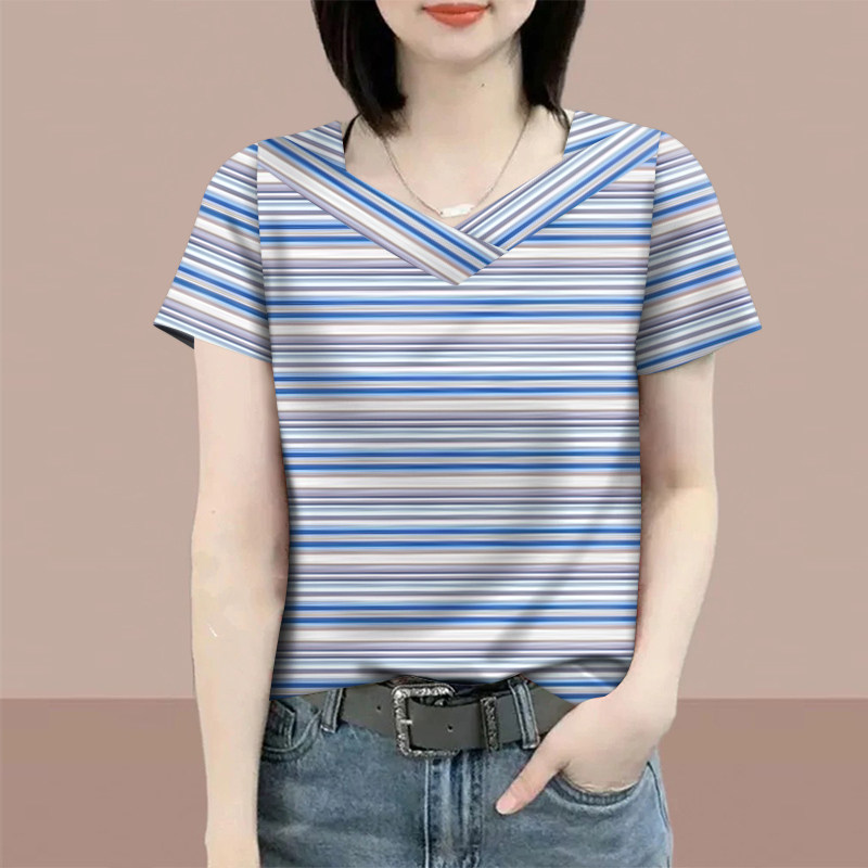 夏季新款条纹短袖t恤女设计感宽松显瘦体恤打底休闲正肩v领上衣女