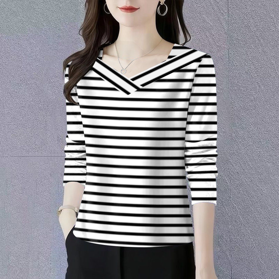 柠果~条纹长袖t恤女新款宽松显瘦复古体恤打底休闲正肩v领上衣女