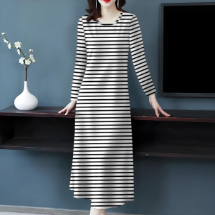 休闲慵懒风长款 连衣裙女新款 宽松显瘦长裙子 条纹气质长袖 夭夭依