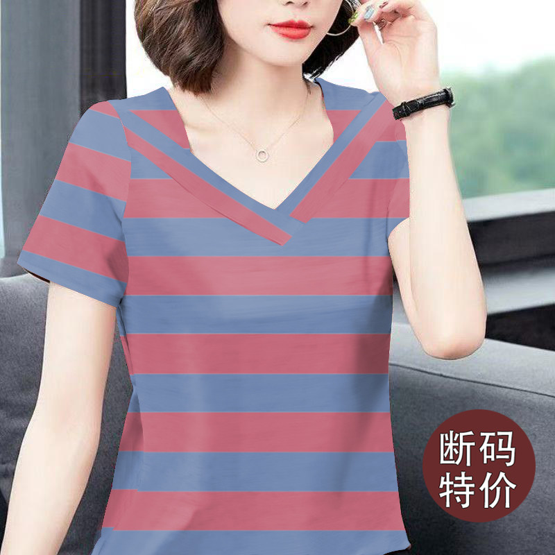 夏季新款条纹短袖t恤女设计感宽松显瘦体恤打底休闲正肩v领上衣女