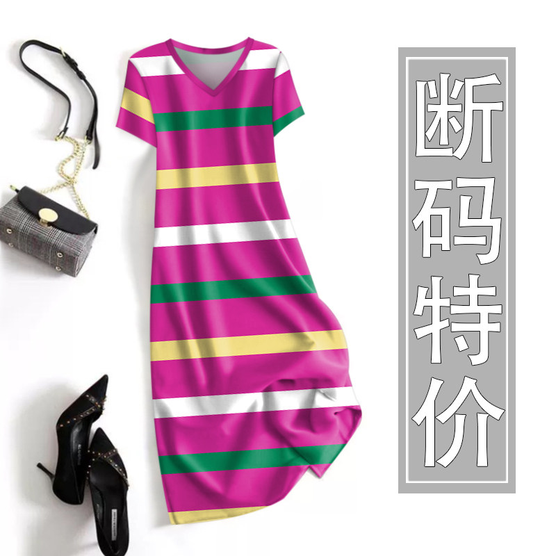 女装夏季新款短袖低圆领中长裙宽松休闲条纹遮肚减龄打底连衣裙女