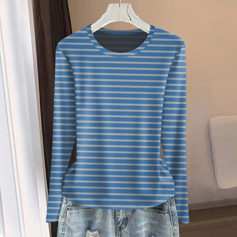 好品捡漏~新款上衣女减龄复古条纹长袖宽松遮肚子显瘦T恤女上衣潮