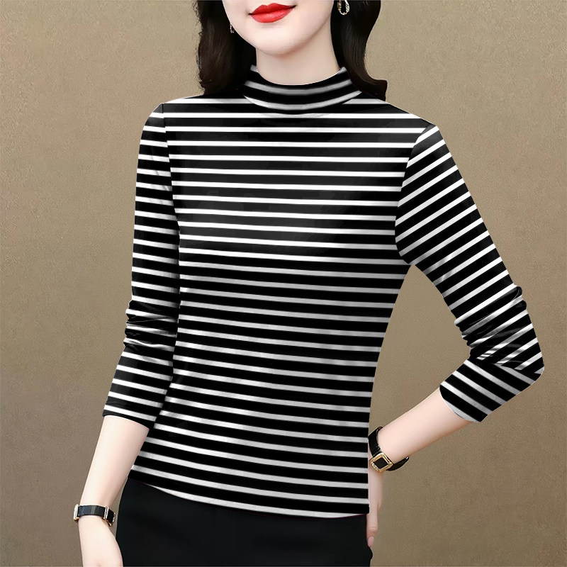 2026夏季薄款半高领时尚女装新款打底条纹长袖宽松显瘦T恤女上衣,女装/女士精品,T恤,淘宝优惠券,粉丝福利购,淘宝优惠卷