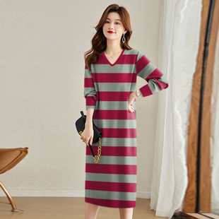 低圆领长袖 新款 中长裙条纹宽松遮肚减龄打底连衣裙 女装 2026春秋季